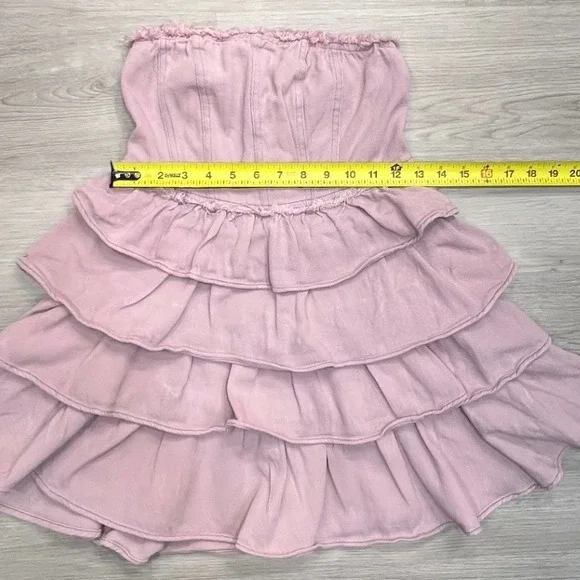 So Me Denim Strapless Tiered Ruffle Mini Dress Sz Small Smocked Mauve Pink - Picture 8 of 10